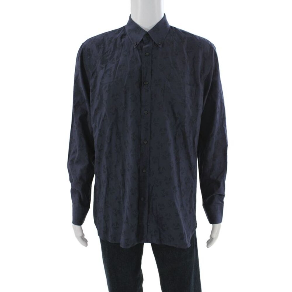 Billy Reid Mens Cotton Abstract Button Up Shirt Navy Size 17